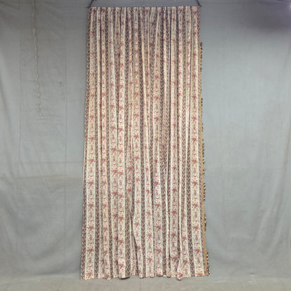 Antique 1920s French Cotton Curtain Panel, Pink and Brown Stripe With Florals