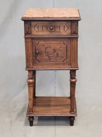 Antique French or Belgian Walnut Nightstands With Italian Marble - A Near Pair
