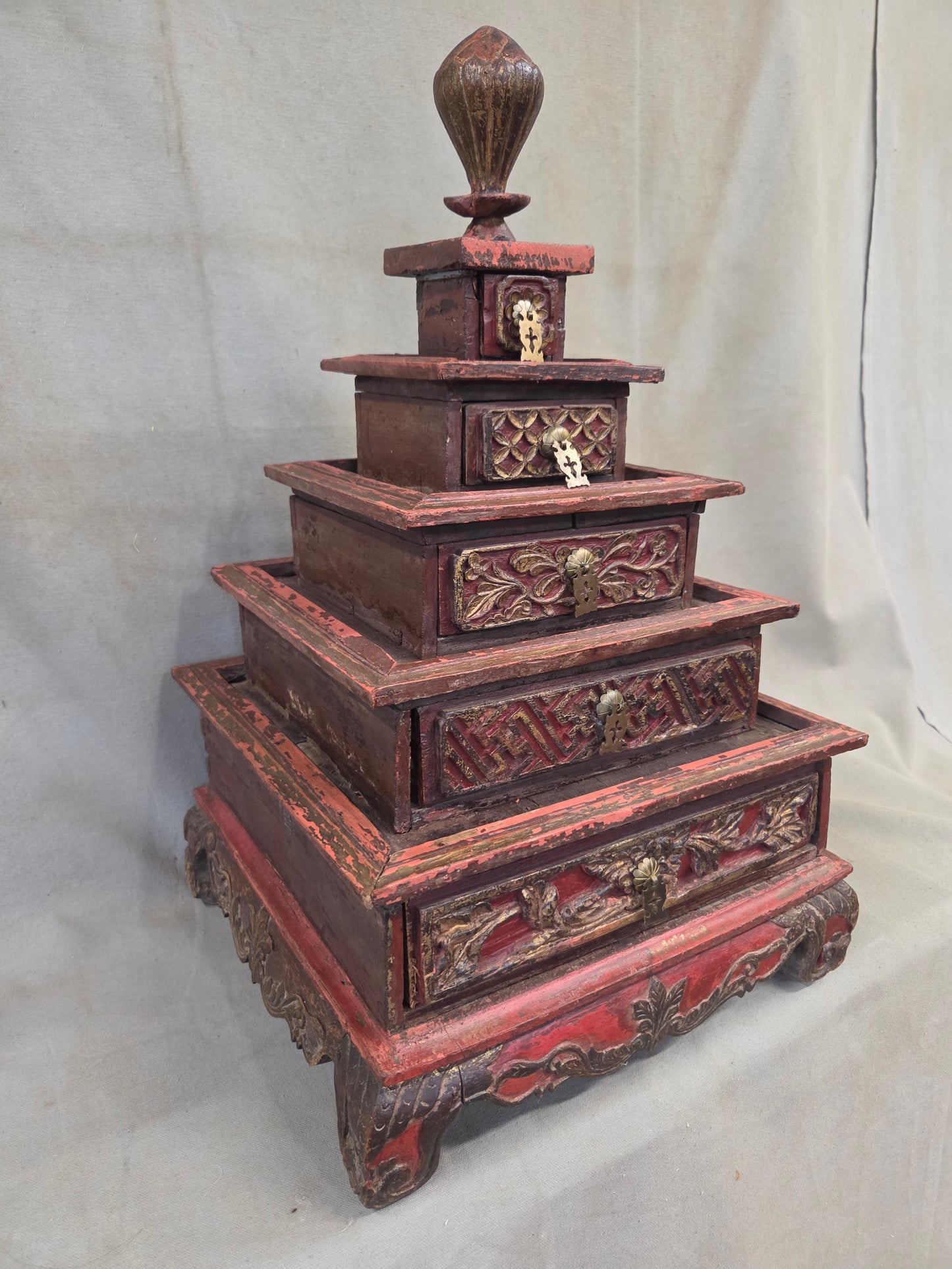 Vintage Sumatra, Indonesia Lacquer Pyramid Shaped Jewelry Box with Five Drawers