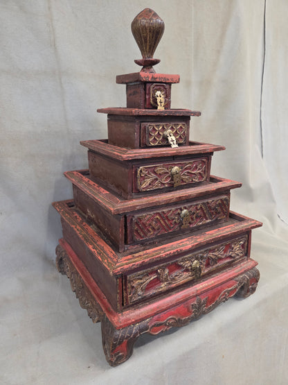 Vintage Sumatra, Indonesia Lacquer Pyramid Shaped Jewelry Box with Five Drawers