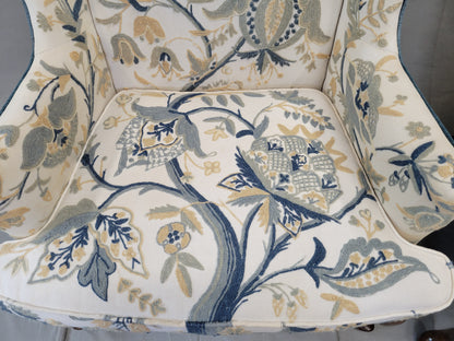 Vintage Woodmark Mary Webb Wood Blue "Tree of Life" Wingback Chairs - a Pair