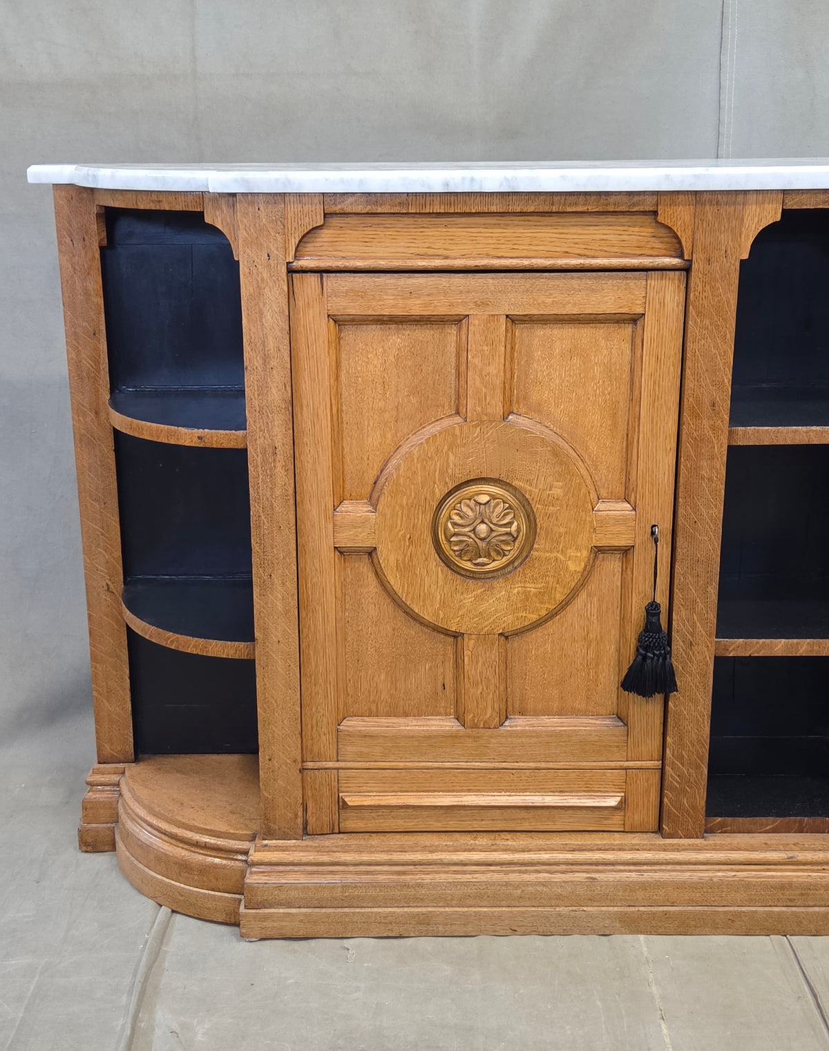 Antique Early 1900s Oak Console Cabinet With Doors, Shelves and a Marble Top