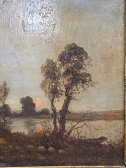 Antique Dutch Late 1800s Sunrise Over Water Landscape, Original Frame, Signed