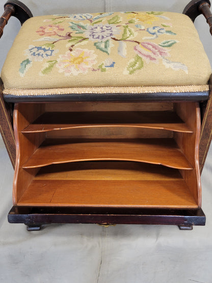 Antique English Edwardian Mahogany Inlay and Needelpoint Piano Stool