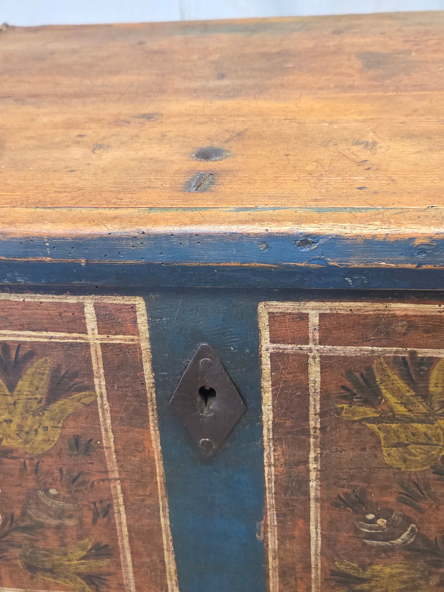 Antique 19th Century German or Austrian Original Blue Painted Pine Blanket Chest