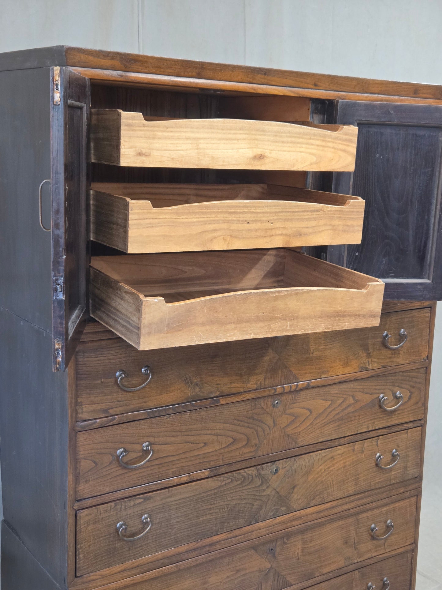 Antique 1920s Japanese Three Piece Elm and Kiri Wood Isho Tansu Chest