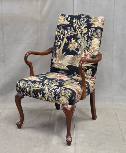 Pair of Vintage Queen Anne Chairs and Ottoman with Black Toile Upholstery