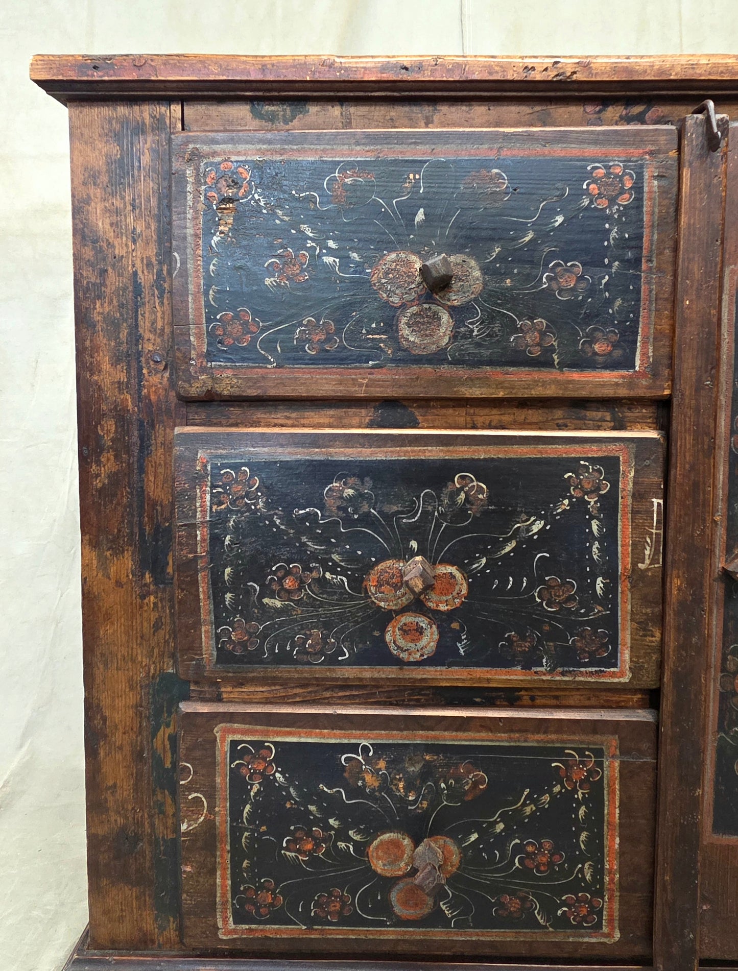 Antique Romanian Folk Painted Pine Cupboard with Drawers and a Door