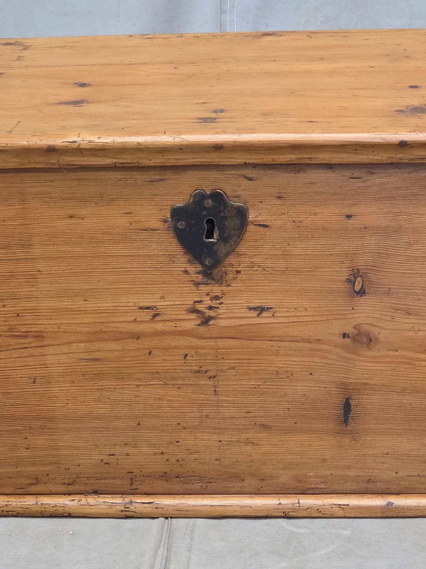 Antique German Natural Pine Storage Trunk with Original Iron Key