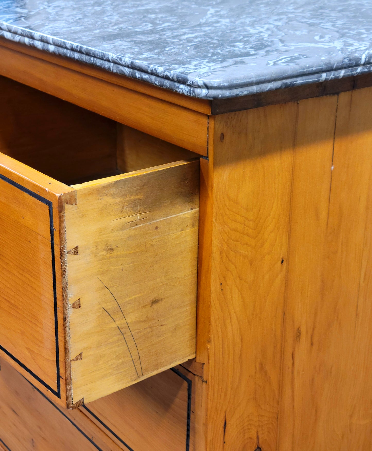 Antique English Pine Dresser With Painted French Line Motif and Marble Top