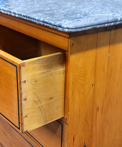 Antique English Pine Dresser With Painted French Line Motif and Marble Top