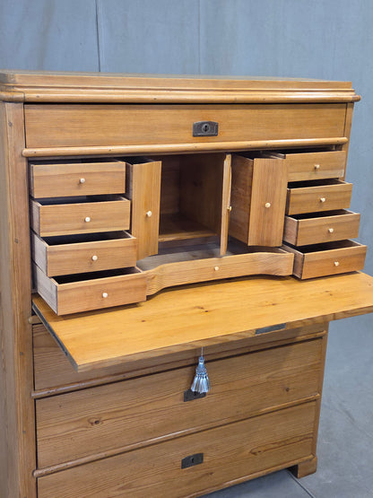 Antique Swedish Biedermeier Natural Pine Drop Front Desk with Drawers and Keys