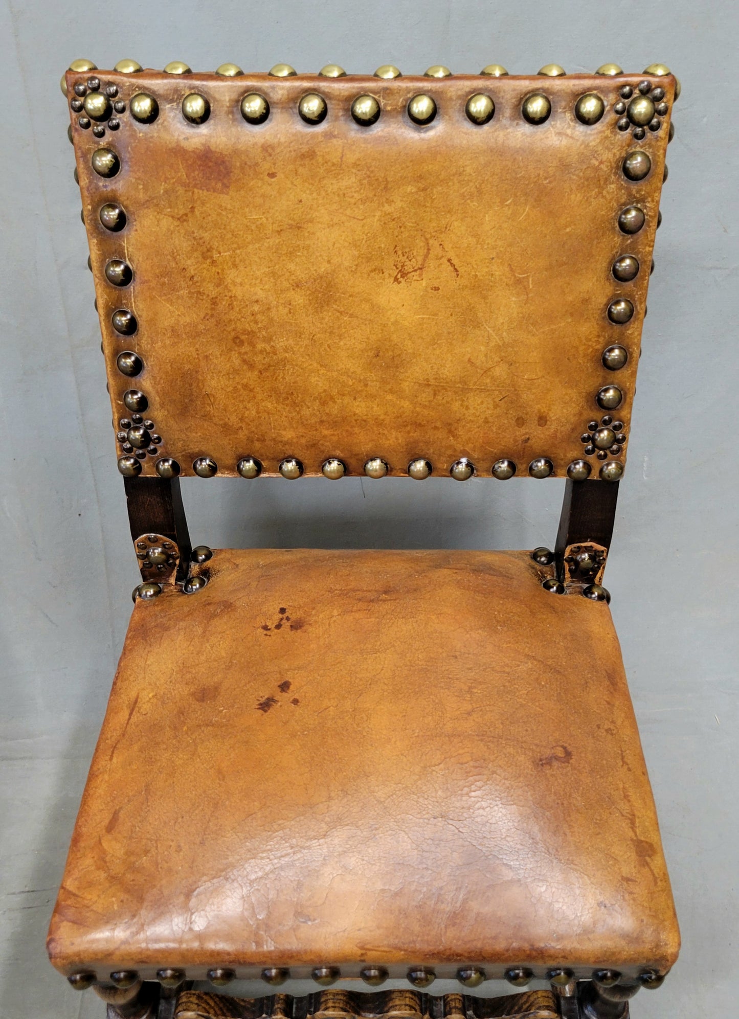 Antique Spanish or Renaissance Revival Oak and Leather Side Chairs - Set of 3