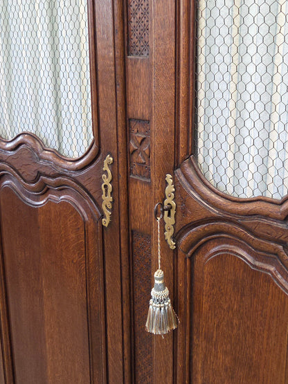 Antique French Provincial Wardrobe with Wire Grills and Interior Blue Curtains