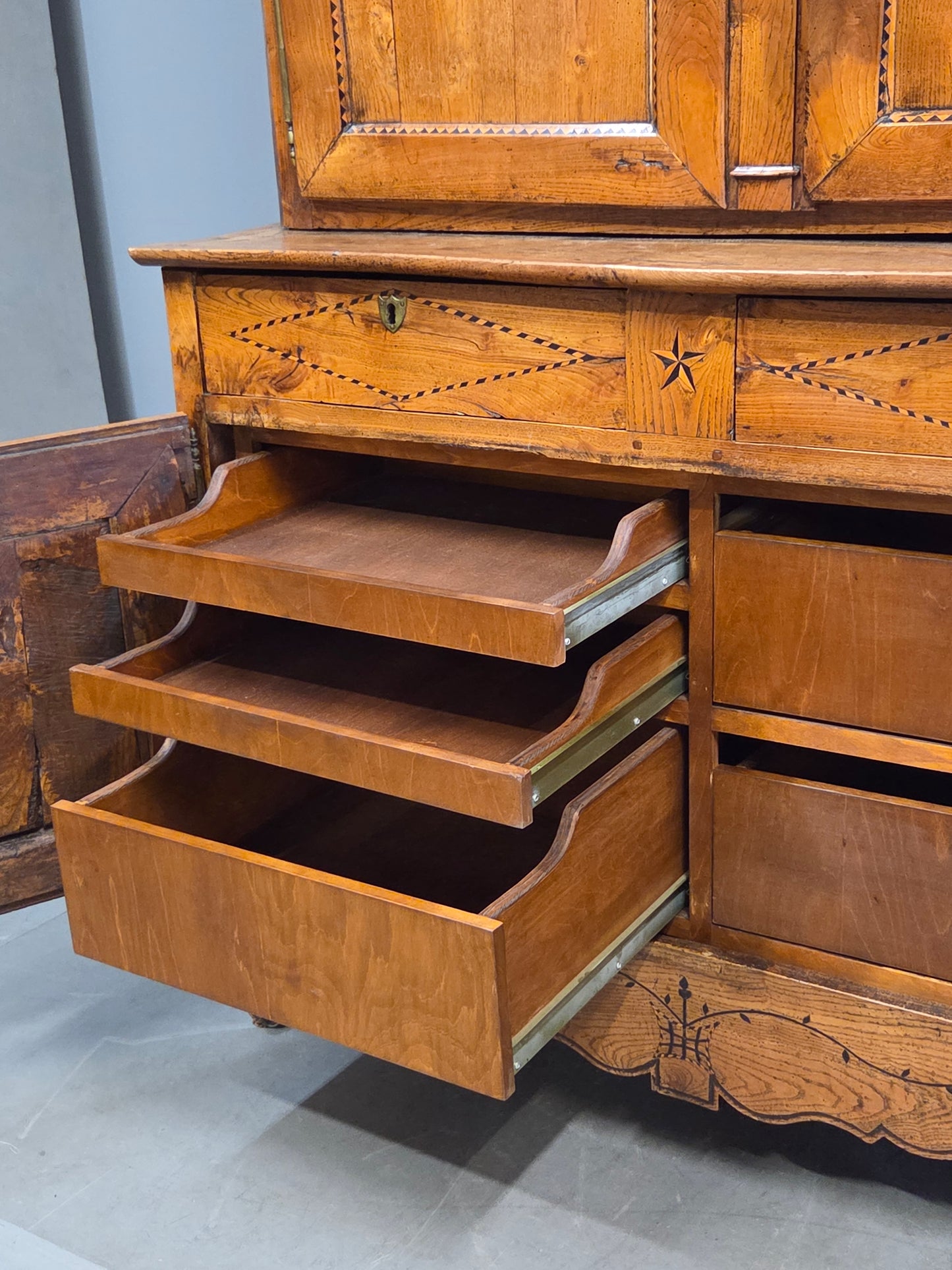 Antique French Elm Deux Corps Buffet Cabinet With Inlay and Fitted Interior