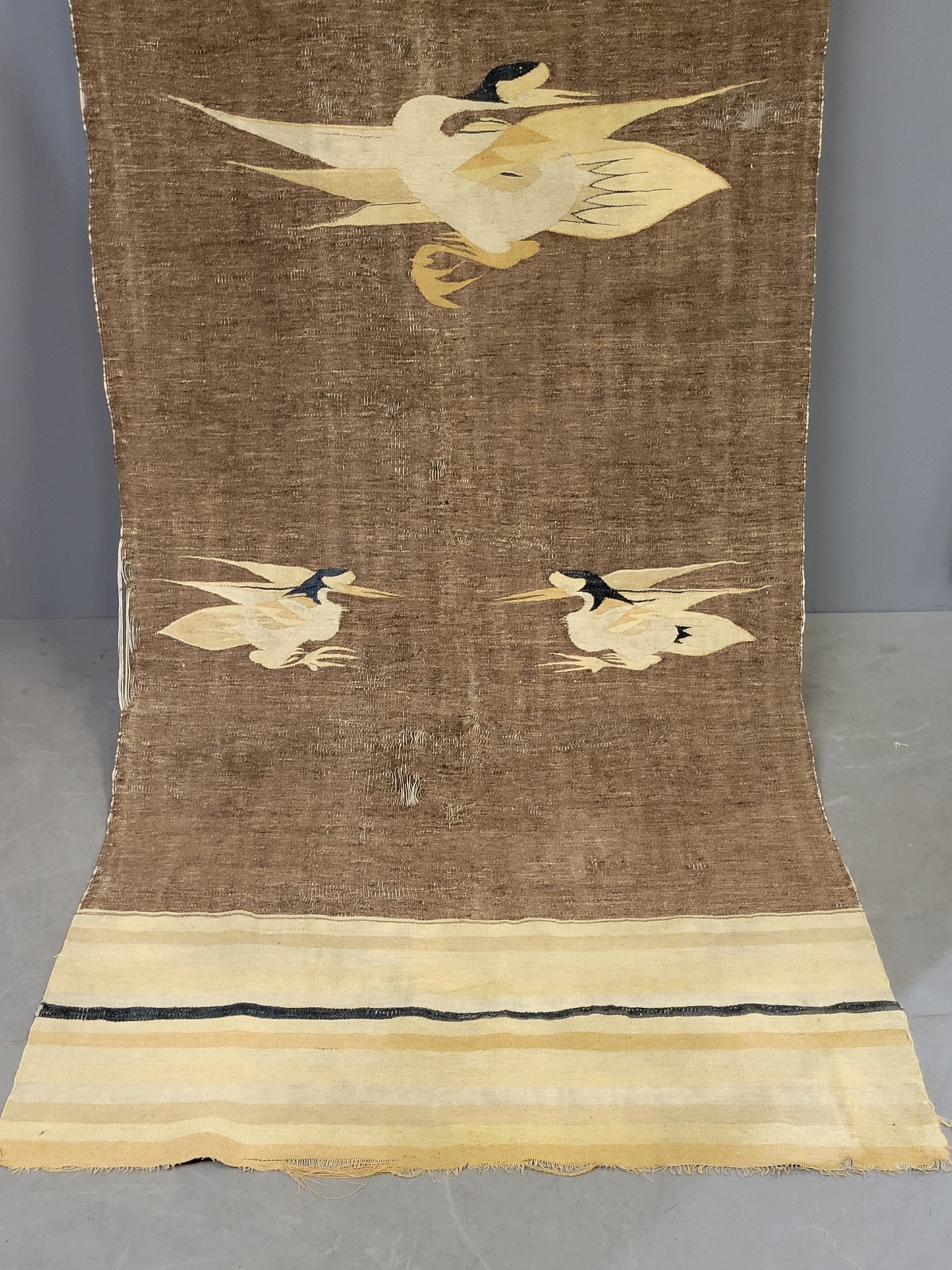 Antique Mongolian Handwoven Wool Blanket with Cranes