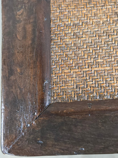 Vintage Chinese Elm Bench with Woven Rattan Seat and Hand Carved Accents