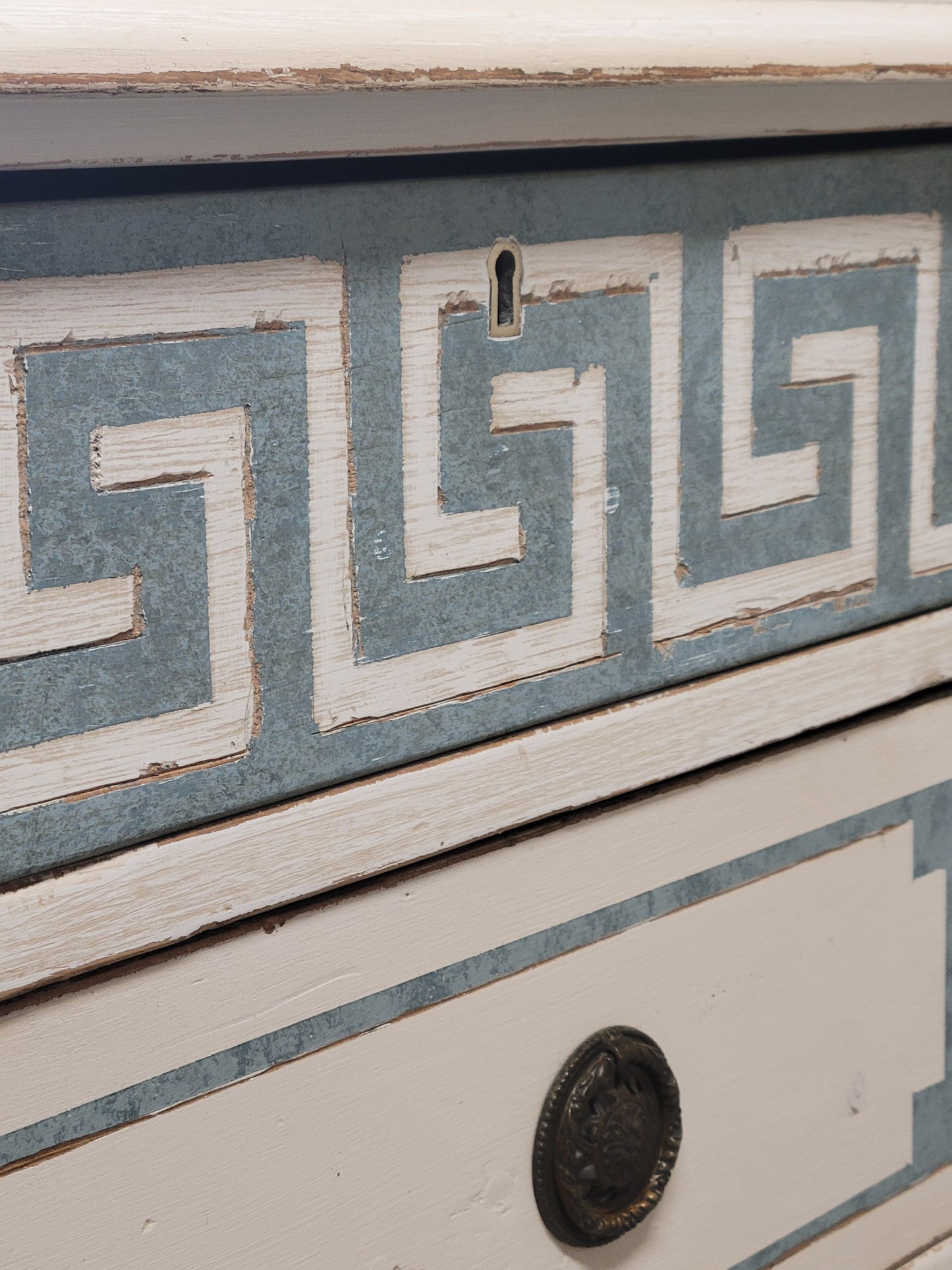 Antique English Pine Painted Dresser Chest of Drawers with Greek Key Motif