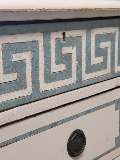 Antique English Pine Painted Dresser Chest of Drawers with Greek Key Motif