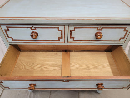 Antique English Blue Painted Dresser With Mahogany Pulls Inset With Mother-of-Pearl