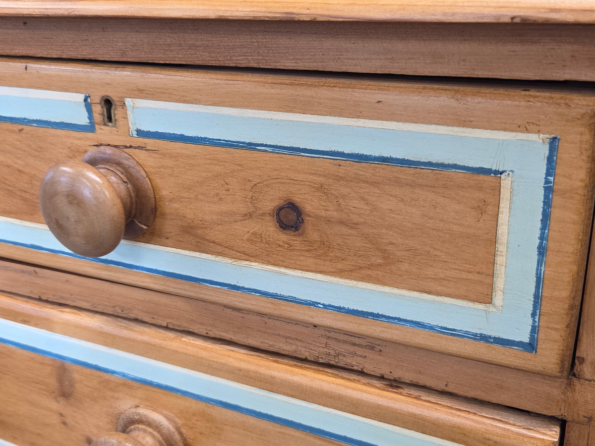 Antique English Edwardian Natural Pine Chest of Drawers with Blue French Line