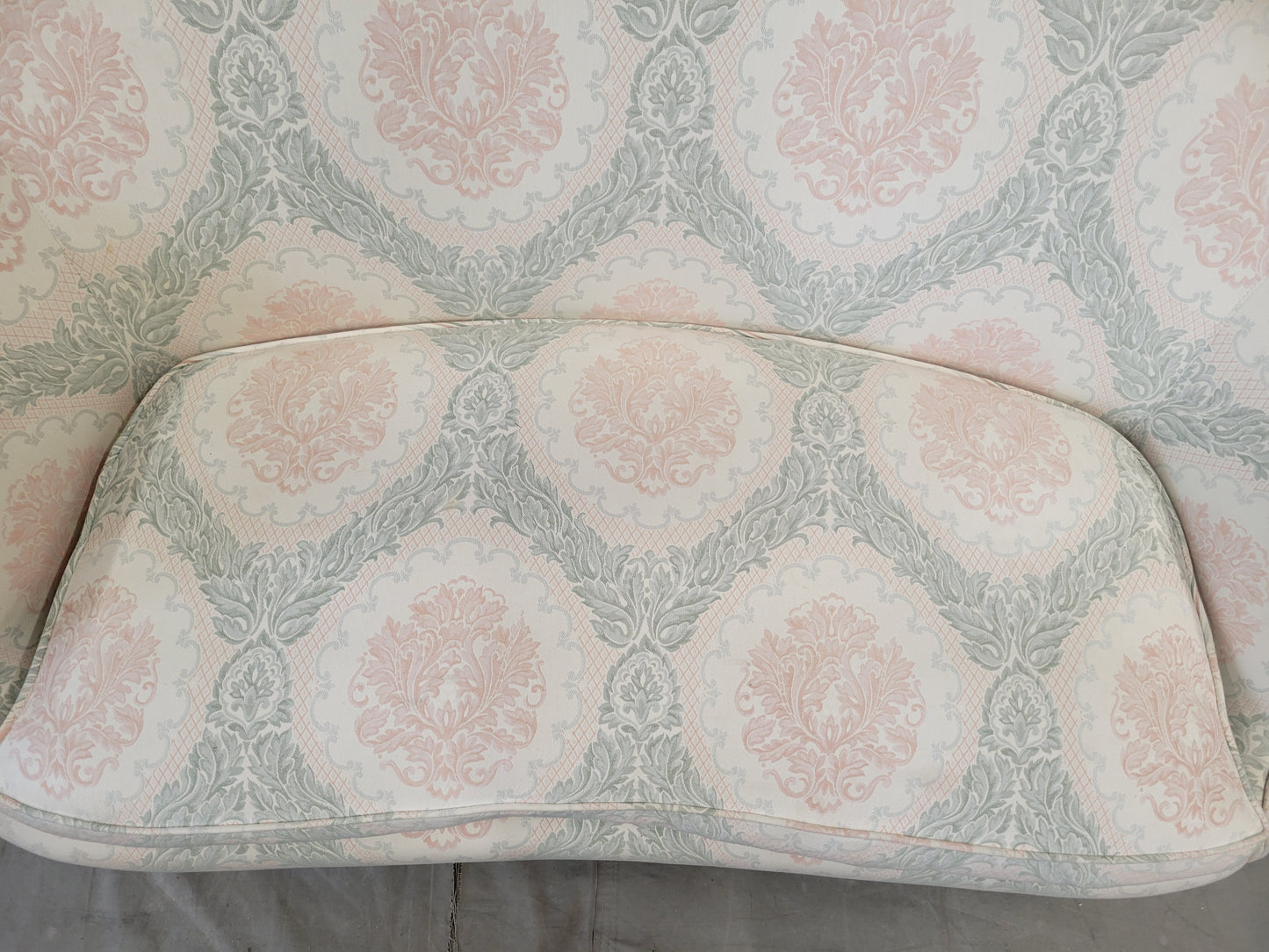 Vintage Damask French Style Camelback Loveseat With Down Cushion and Blush / Sage Upholstery