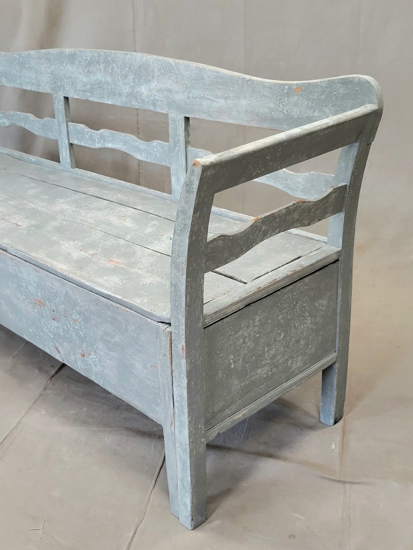 Antique 19th Century Swedish Storage Bench with Blue/Gray Paint and Linen Cushion
