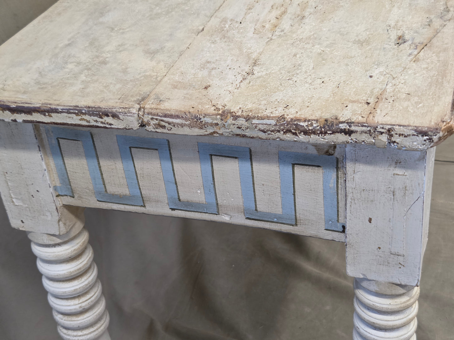 Antique French Rustic Painted Pine Console Table with Greek Key Motif