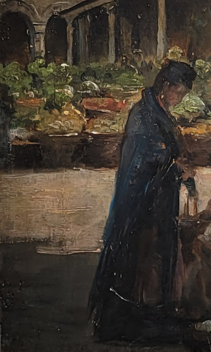 Antique Early 1900s Oil on Panel of a Venetian Market Scene by M.S. Loresen (?)