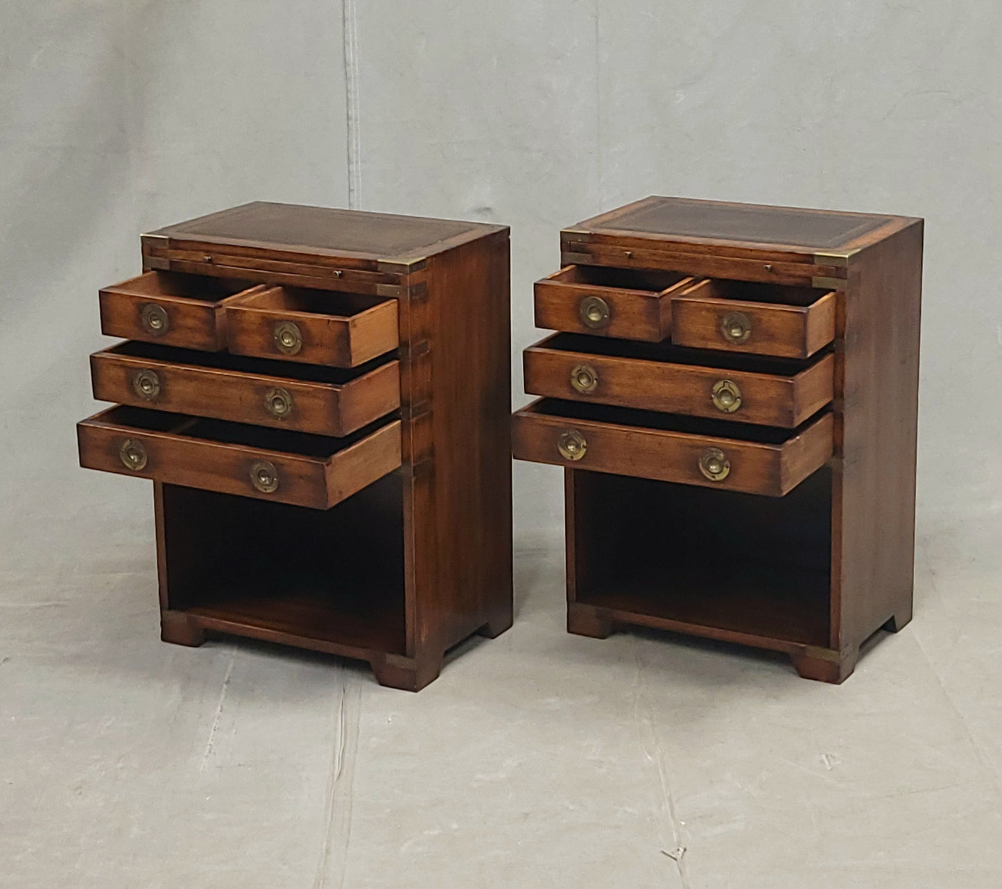 Vintage Campaign Style English Nightstands with Leather - a pair