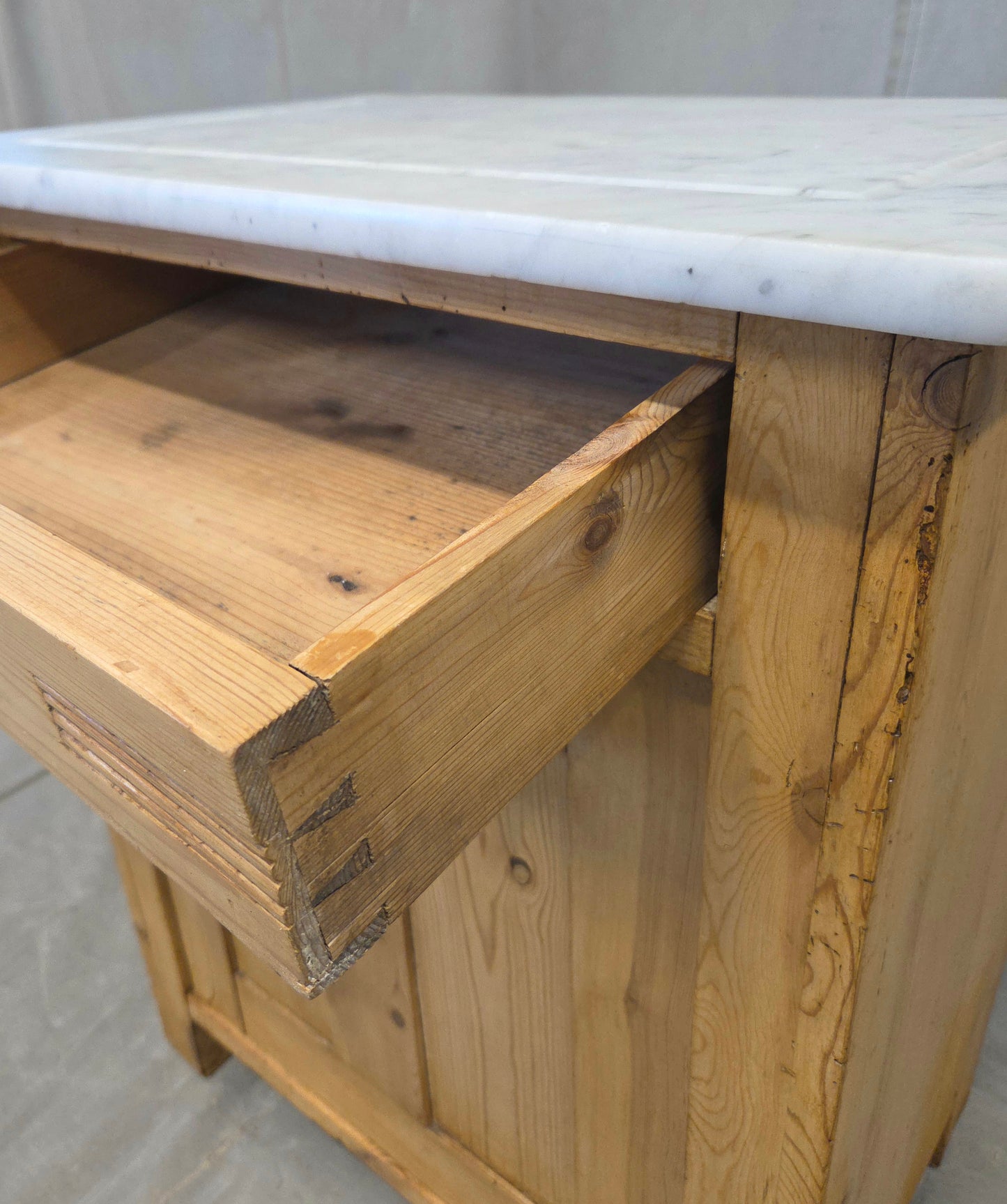 Antique European Pine and Marble Side Table or Nightstand