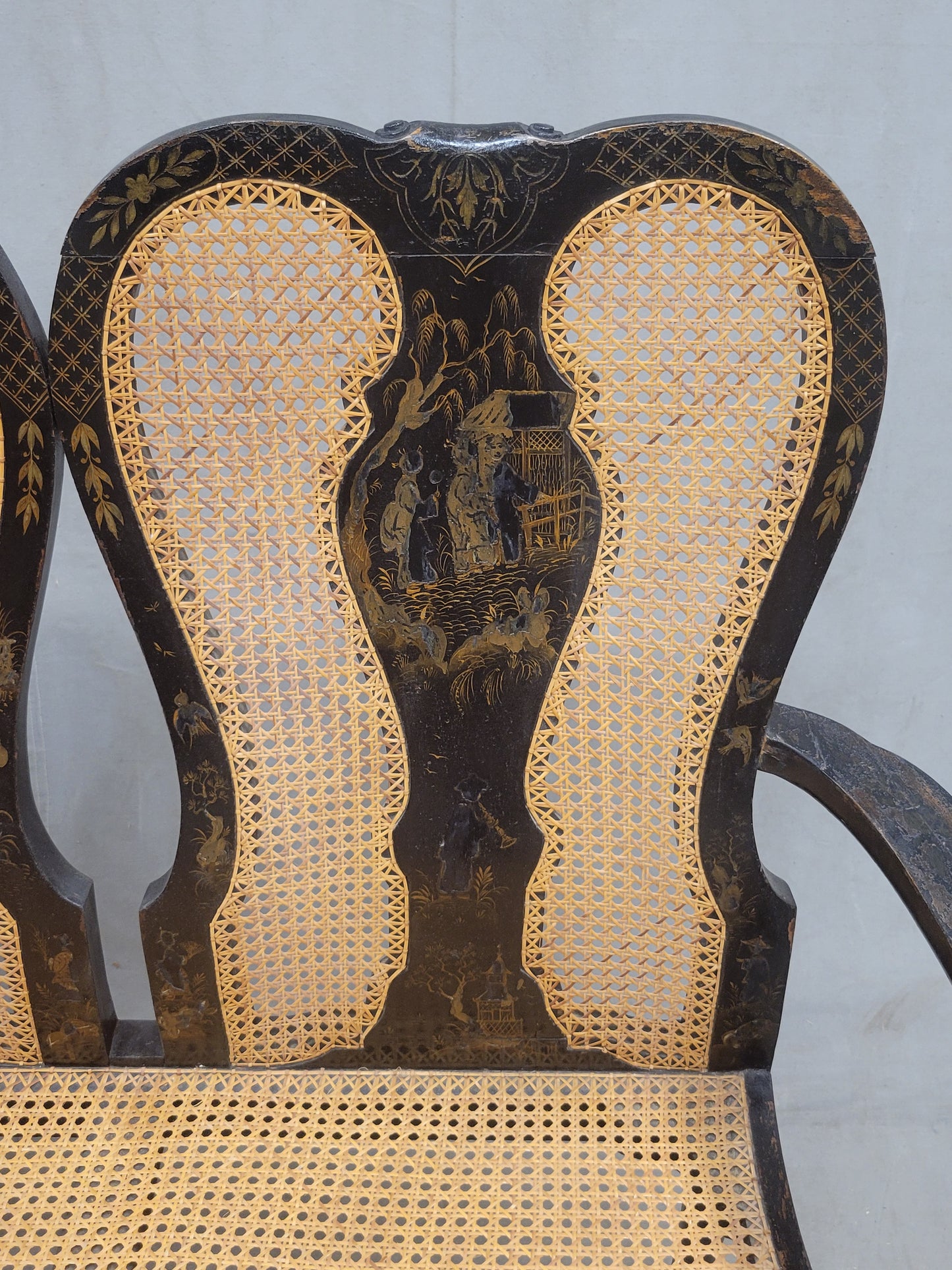 Antique 19th Century English Chinoiserie Lacquer and Cane Chair Back Settee