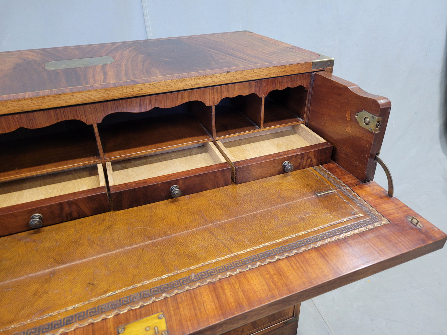 Vintage English Mahogany Campaign Butler's Chest of Drawers With Desk (RL)