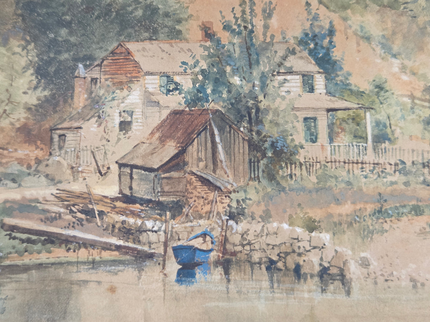 Landscape Scene with House and Mill, Watercolor, J.W. Spaveil June 11 1886