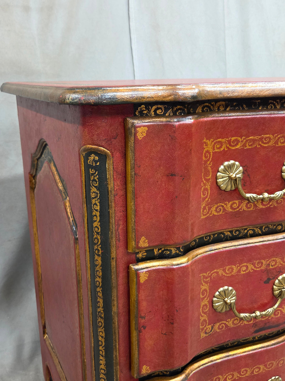 Vintage Theodore Alexander Red Leather Wrapped Serpentine Chest of Drawers