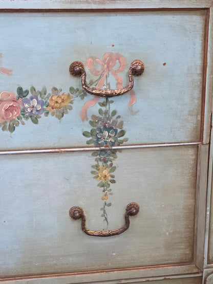 Antique French Floral Painted Mahogany Dresser with Matching Mirror