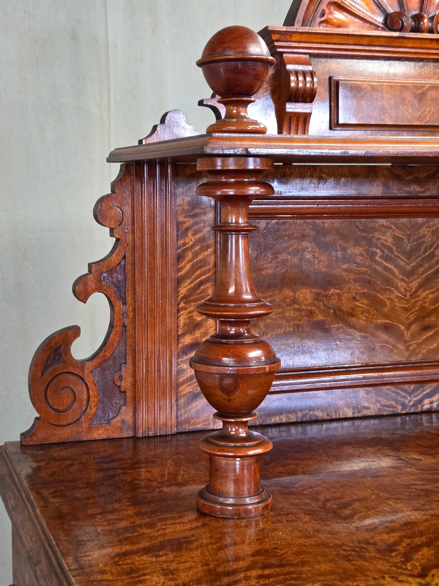 Antique 19th Century German Wilhelmenian Flame Birch Vertical Buffet Sideboard