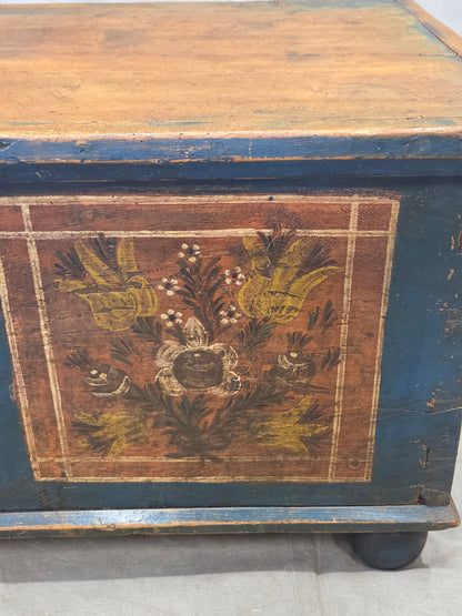 Antique 19th Century German or Austrian Original Blue Painted Pine Blanket Chest