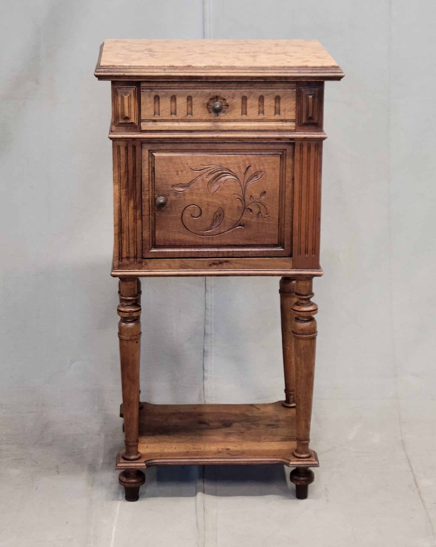 Antique French or Belgian Walnut Nightstands With Italian Marble - A Near Pair