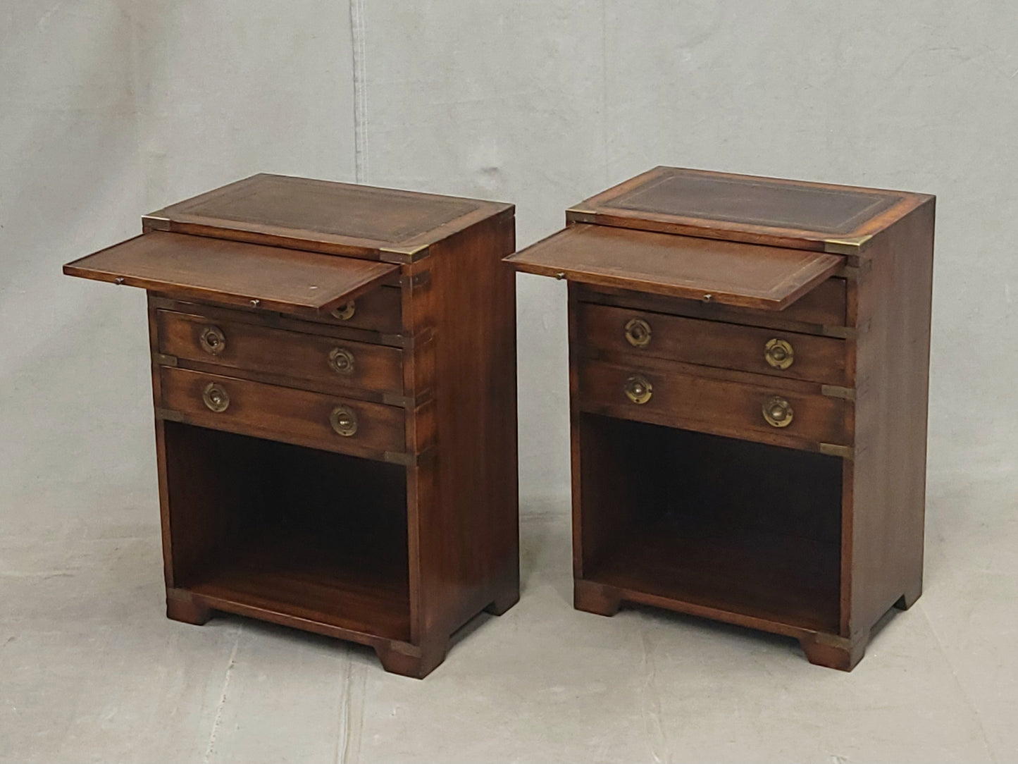 Vintage Campaign Style English Nightstands with Leather - a pair