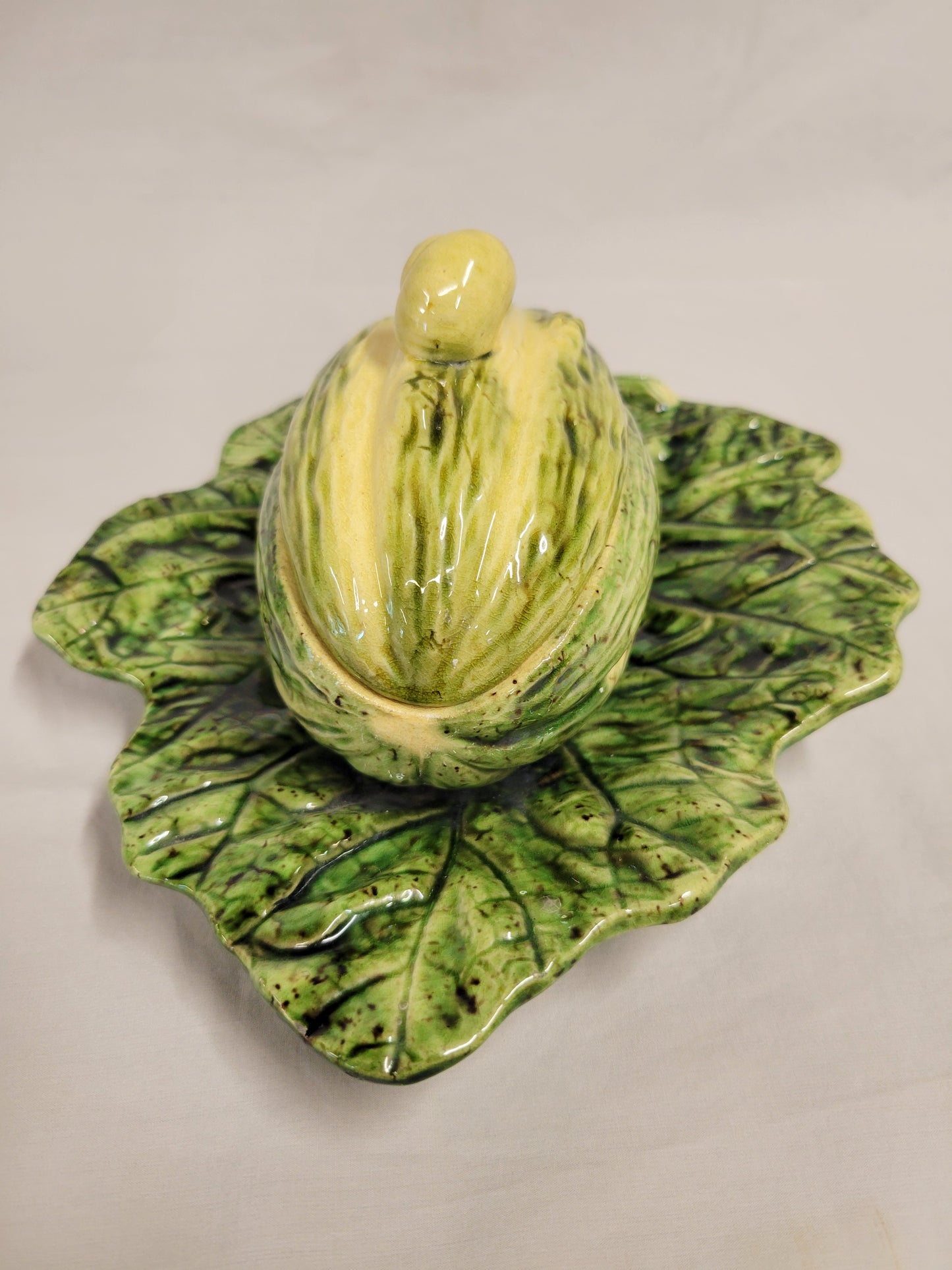 Antique Majolica Melon on Leaf Dish in the Style of Sarreguemines