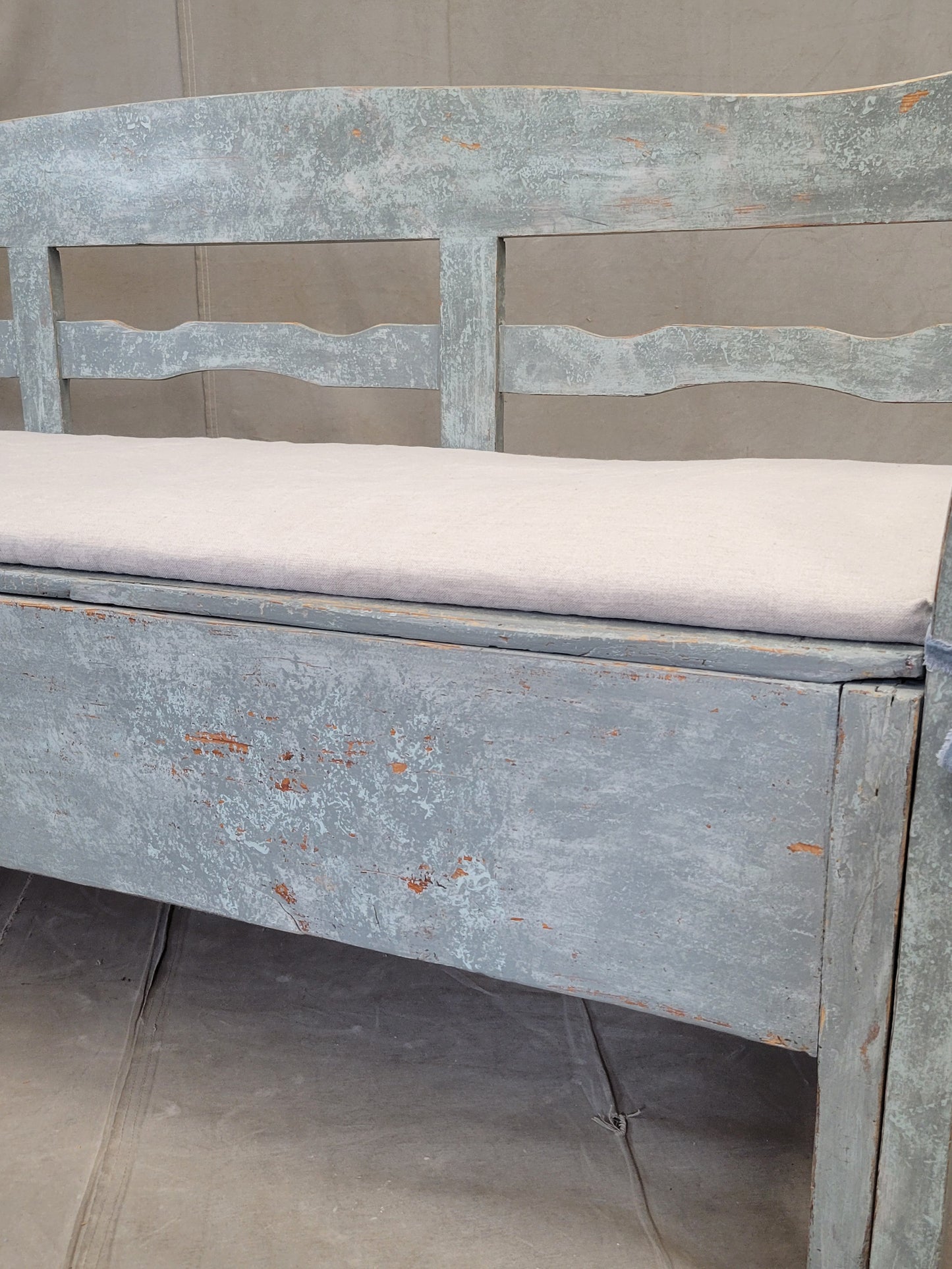 Antique 19th Century Swedish Storage Bench with Blue/Gray Paint and Linen Cushion