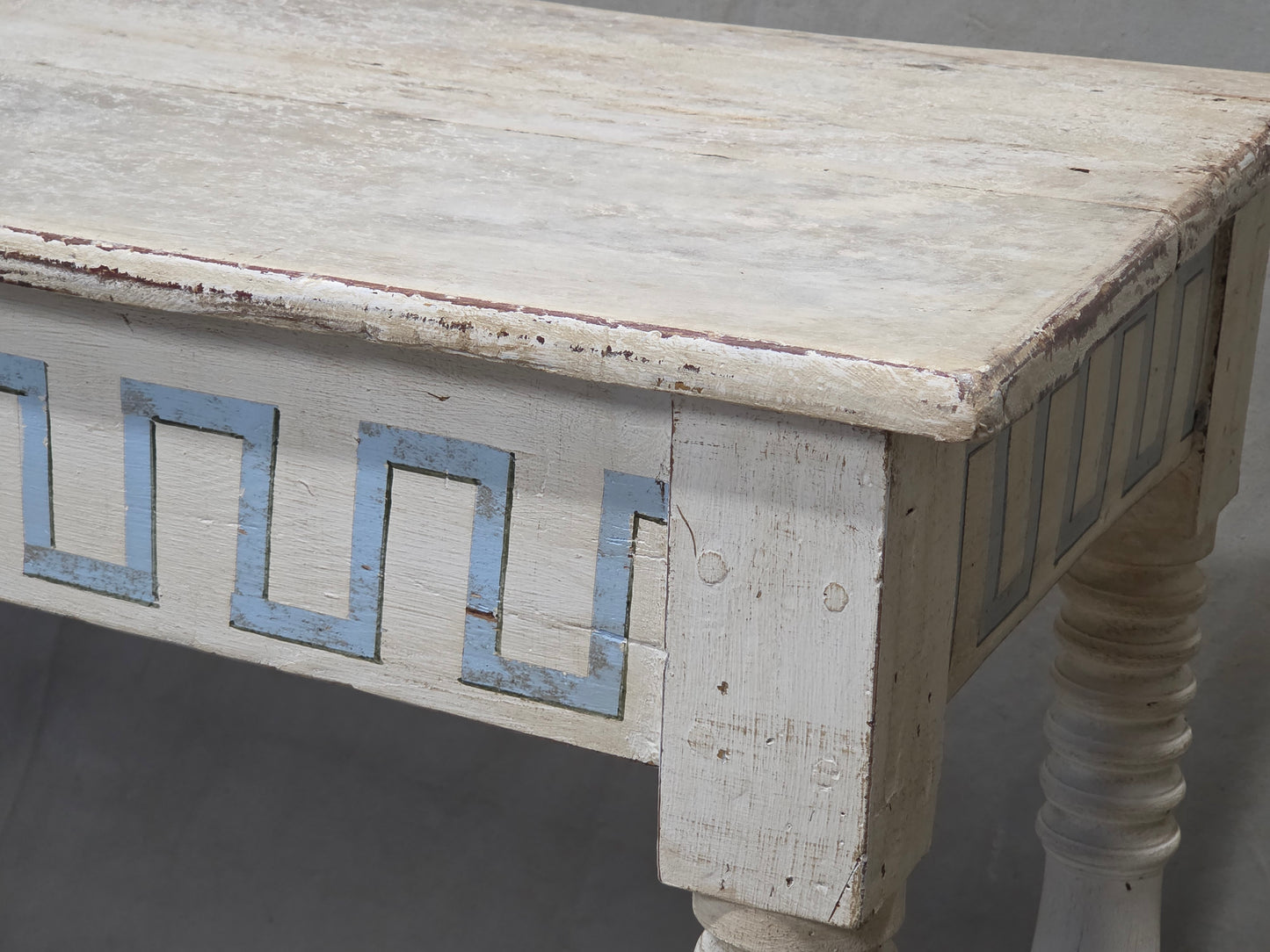 Antique French Rustic Painted Pine Console Table with Greek Key Motif