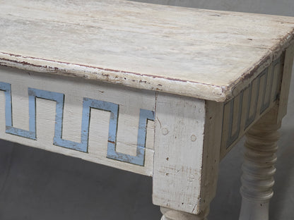 Antique French Rustic Painted Pine Console Table with Greek Key Motif