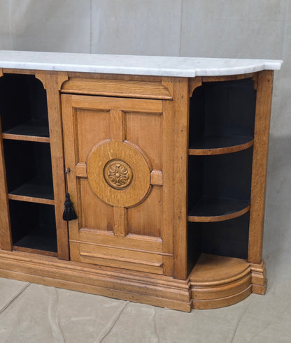 Antique Early 1900s Oak Console Cabinet With Doors, Shelves and a Marble Top