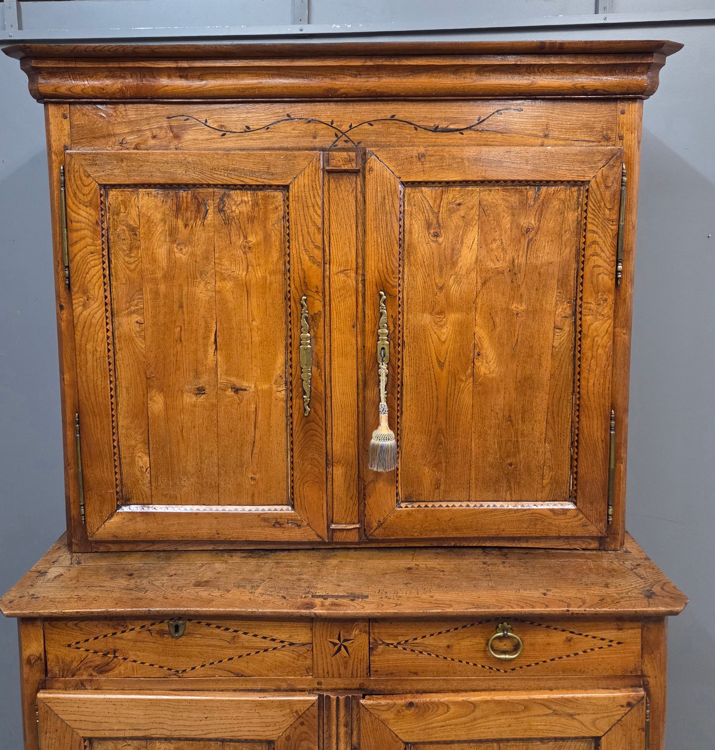 Antique French Elm Deux Corps Buffet Cabinet With Inlay and Fitted Interior