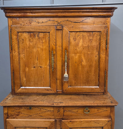 Antique French Elm Deux Corps Buffet Cabinet With Inlay and Fitted Interior
