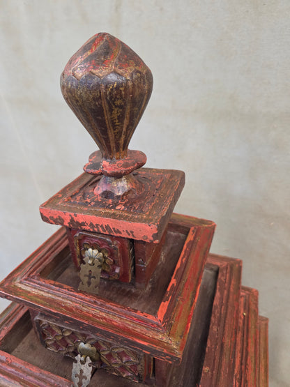 Vintage Sumatra, Indonesia Lacquer Pyramid Shaped Jewelry Box with Five Drawers