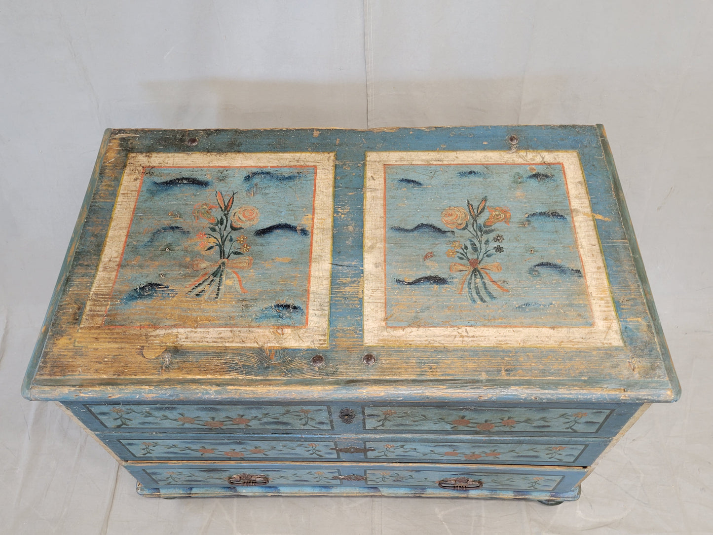 Antique 19th Century Scandinavian Blanket Chest With Drawer and Original Blue Paint