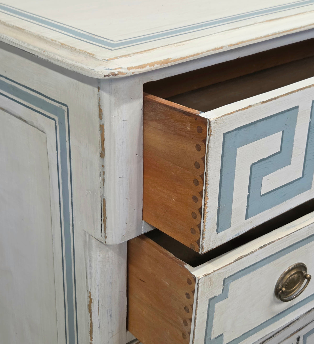Antique 19th C. Painted Pine Dresser Chest of Drawers With Greek Key Motif